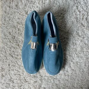 Blue Suede Slip-On Shoes with Silver Accent
